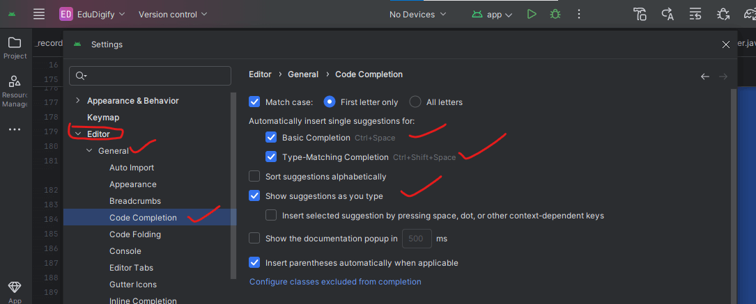 android studio setup - code completion settings screenshot
