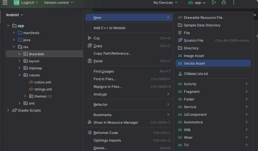Login Ui for Android - How to create vector asset in Android Studio